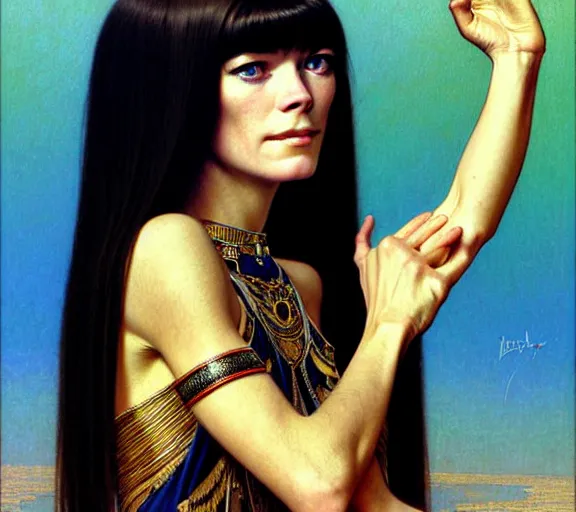 Image similar to photography young francoise hardy with hands - up and hairy armpits, dressed like cleopatra, deep focus, intricate, elegant, highly detailed, digital painting, artstation, concept art, matte, sharp focus, illustration, art by artgerm and greg rutkowski and alphonse mucha and gil elvgren