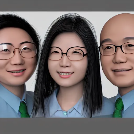 Image similar to 3D render of a group of happy asian mathematicians. Highly realistic. Highly detailed. High resolution. Dramatic. 8k