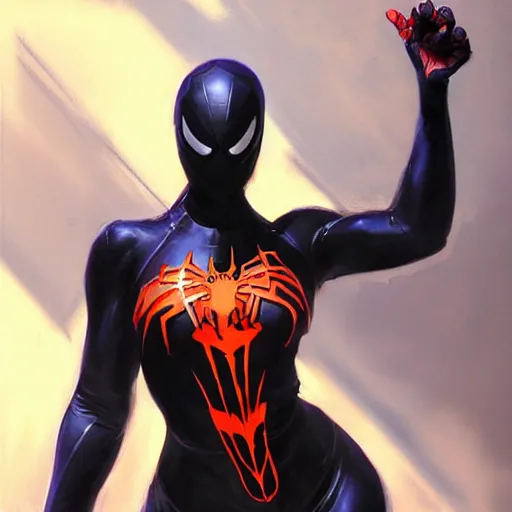 Image similar to greg manchess portrait painting of a light female venom iron spiderman as overwatch character, medium shot, asymmetrical, profile picture, organic painting, sunny day, matte painting, bold shapes, hard edges, street art, trending on artstation, by huang guangjian, gil elvgren, ruan jia, greg rutkowski, gaston bussiere