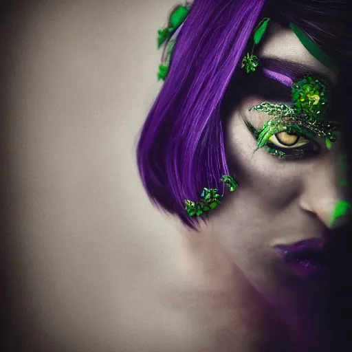 Prompt: a high quality photo of a beautiful woman moody and melanchony with accents of purple and green.