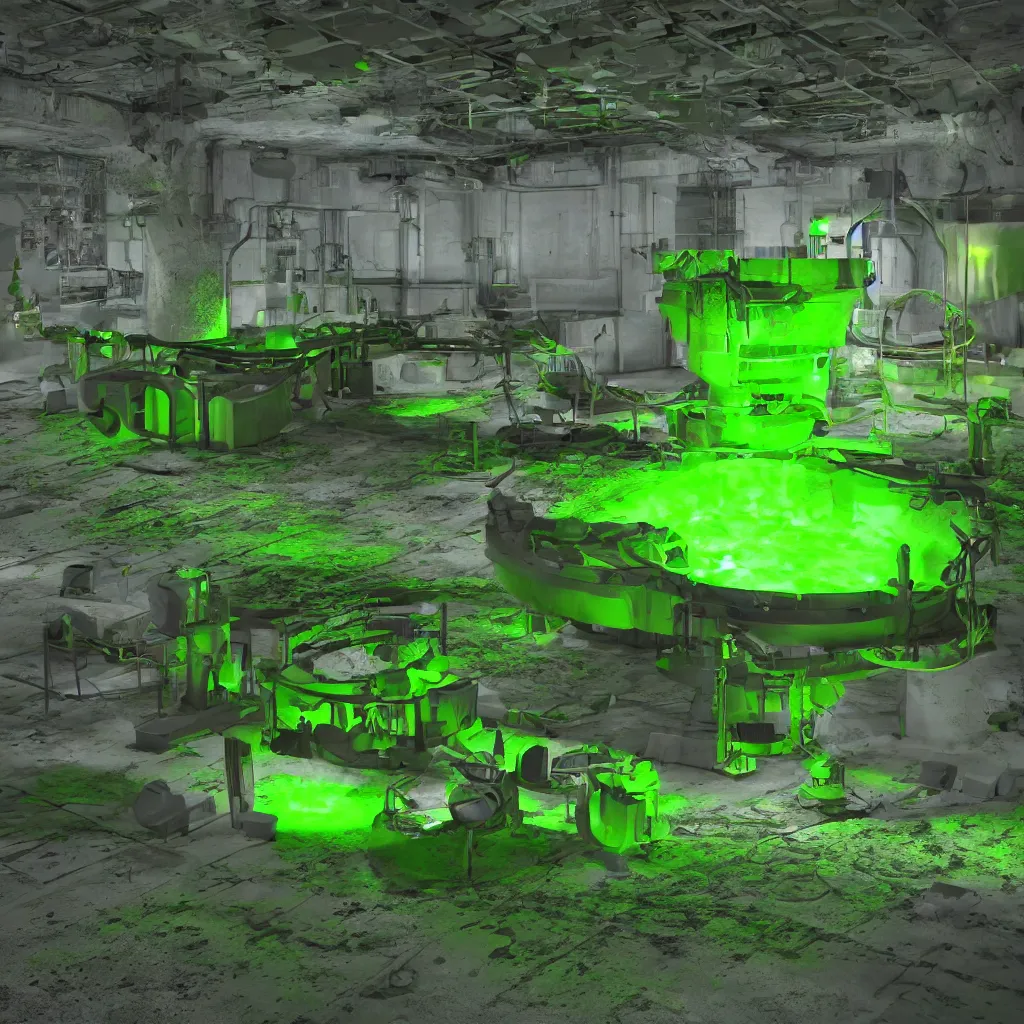 Prompt: secret under ground base with a green glowing uranium tank, octane render, xray melting colors