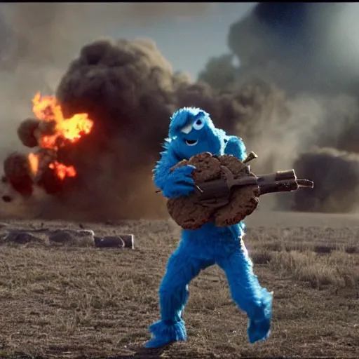 Image similar to cinematic shot, the cookie monster is rambo, explosions in the background