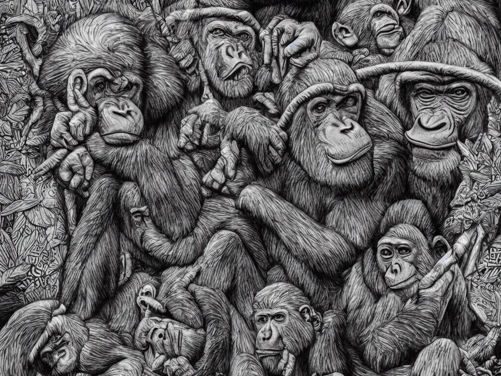 Image similar to bored ape club monkeies by Chor Boogie, intricate details, ultra detailed, 4K, award-winning, touch of M. C. Escher and Salvador Dali