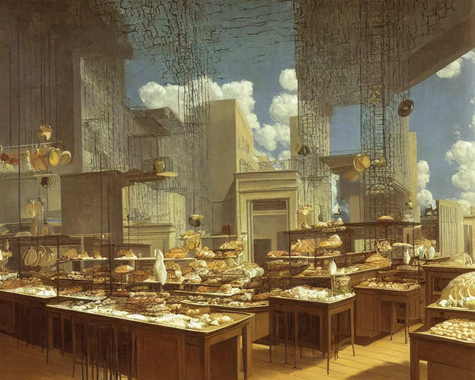 Image similar to achingly beautiful painting of a sophisticated, well - decorated bakery kitchen on a warm background by rene magritte, monet, and turner. giovanni battista piranesi.