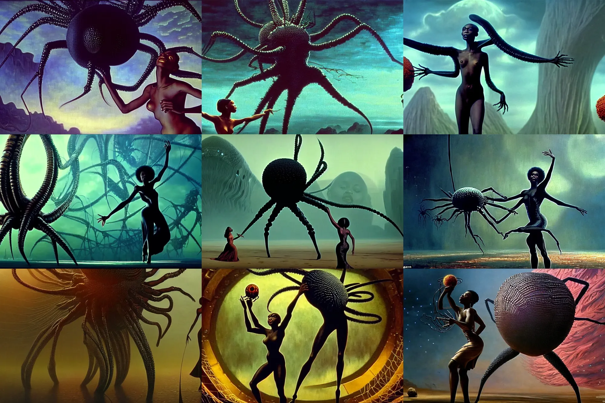 Prompt: realistic detailed portrait movie shot of a beautiful black woman dancing with a giant spider, futuristic sci fi landscape background by denis villeneuve, jean deville, amano, yves tanguy, ernst haeckel, alphonse mucha, max ernst, caravaggio, roger dean, masterpiece, rich moody colours