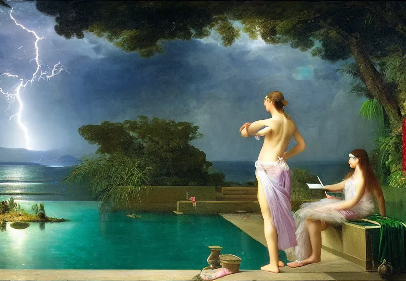 Image similar to Girl playing the palace piano, refracted sparkles, thunderstorm, greek pool, beach and Tropical vegetation on the background major arcana sky, by paul delaroche, hyperrealistic 4k uhd, award-winning, very very very detailed