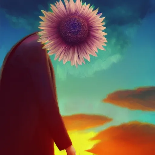 Prompt: giant daisy flower over head, frontal, a girl in a suit, surreal photography, sunrise, dramatic light, impressionist painting, digital painting, artstation, simon stalenhag