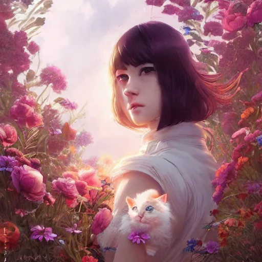 Prompt: kittens in flowers, intricate complexity, by greg rutkowski, artgerm, ross tran, conrad roset, takato yomamoto, ilya kuvshinov. 4 k, beautiful, cinematic dramatic atmosphere