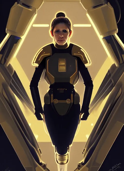 Image similar to symmetry!! portrait of young carrie fisher, gold sci - fi armour, tech wear, glowing lights!! sci - fi, intricate, elegant, highly detailed, digital painting, artstation, concept art, smooth, sharp focus, illustration, art by artgerm and greg rutkowski and alphonse mucha