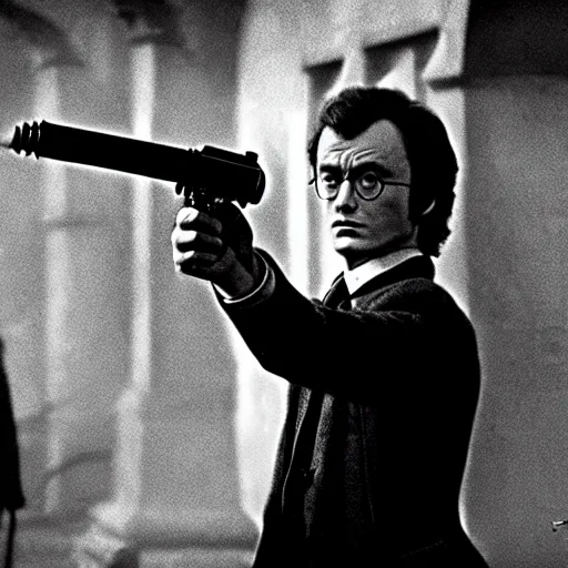 Image similar to Dirty Harry Potter, 1970s crime drama cinematic closeup movie photo, desaturated Arri Alexa 65, cinematic lighting, DSLR, dof, by Bill Gekas and Bruno Walpoth and Antoine Verney-Carron