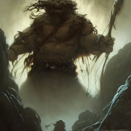 Image similar to A gully-dwarf fighting a Beholder in a cavern in the Underdark, wide view, intricate, Dungeons and Dragons, highly detailed, artstation, concept art, smooth, sharp focus, illustration, art by greg rutkowski and orientalism and bouguereau and Zdzislaw Beksinski, good clear quality, lighting, biology, symmetrical artwork, perfect face, 135 mm, cinematic, hyper realism, high detail, octane render, 8k, chrome accents