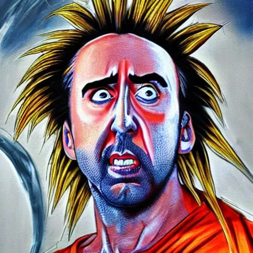 Prompt: nic cage as goku, buff, painted portrait, highly detailed,