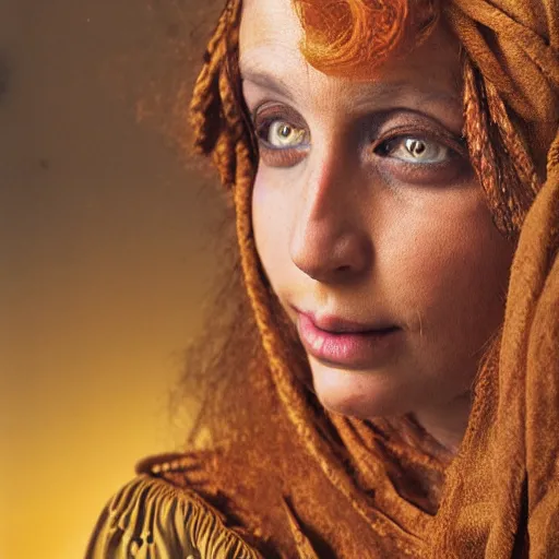 Prompt: Extremely detailed photo realistic matte portrait painting of winking 15th Century Barbary Coast pirate Woman with Ginger hair and Golden hooped earrings photography by Steve McCurry