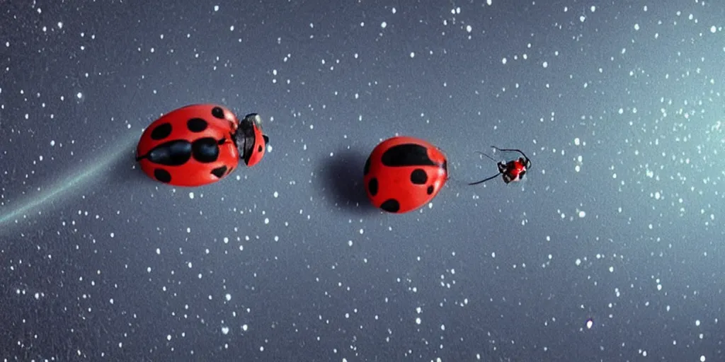 Prompt: a 3 d rendered movie still from a distance of 3 0 m of a ladybug 1 million years from now. the ladybug is sentient, wears tiny spacesuit, and conquered space exploration in a tiny space ship. science fiction blockbuster movie ladybugs rule the world, imax 7 0 mm. bladerunner.