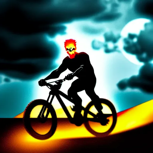 Image similar to portrait of ghost rider driving a rockrider mountain bike, dramatic lighting, realistic