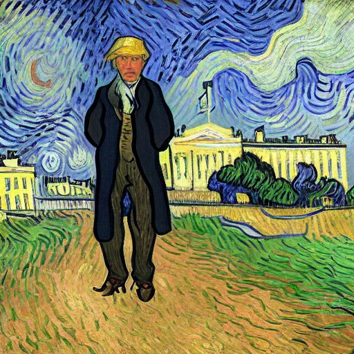 Image similar to donald trump as an 1890s french peasant in front of the white house painted by vincent van gogh