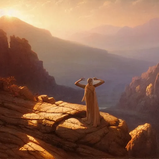 Prompt: an ultradetailed matte landscape painting of a large mountain made into a sculpture of a woman, sunrise on the horizon in the background, stone hand raised up, 8 k, art by greg rutkowski and albert bierstadt