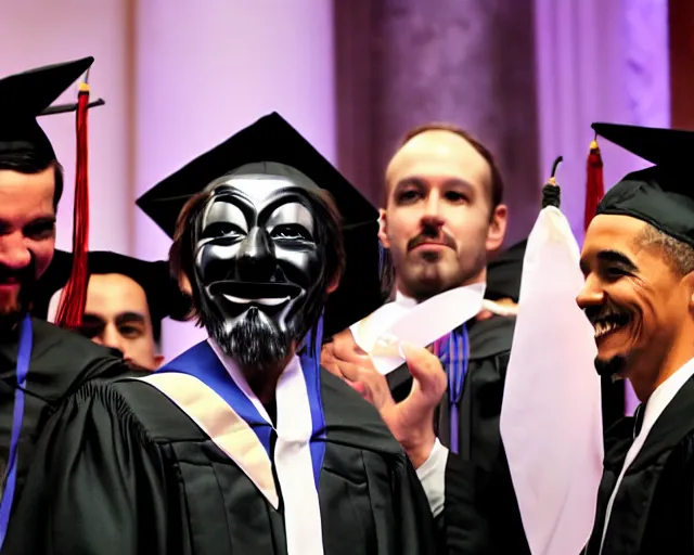 Prompt: man wearing guy fawkes mask accepts award from obama, university graduation pose, photo, cinematic lighting