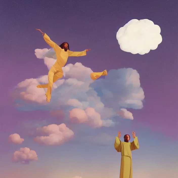 Image similar to UFO hovering over an African Jesus , clouds, colorful, painting by Hsiao-Ron Cheng,