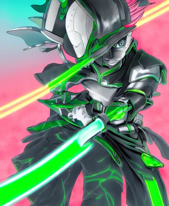 Prompt: an anime drawing of a futuristic warrior with jade green bladed armour and a futuristic helmet with a neon jade visor and red tracking lasers by Yusuke Murata, 4k resolution, photorealistic