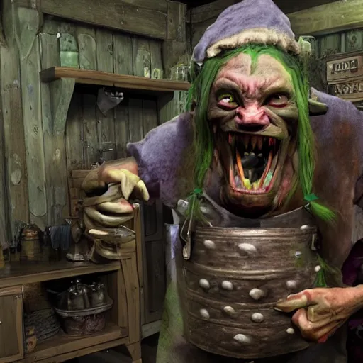 Image similar to british magical hobo breaks into some ork's kitchen and attacks them, orc kitchen, 4 k, detailed, real life photo