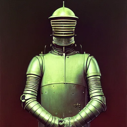 Image similar to Portrait of a Knight with cyberpunk helmet, Edward Hopper and James Gilleard, Zdzislaw Beksinski, Mark Ryden, Wolfgang Lettl highly detailed, hints of Yayoi Kasuma