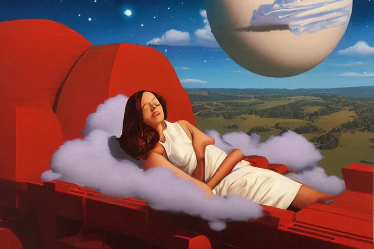 Image similar to a beautiful girl relaxing on a cloud by angus mckie, portrait,