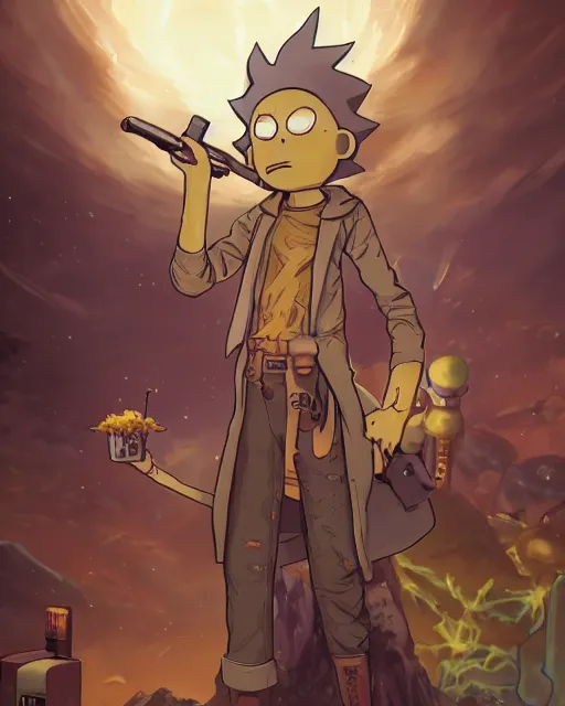 Image similar to Morty from the show Rick and Morty, Steampunk Sniper, Anthropomorphized, magic the gathering artwork, D&D, fantasy, cinematic lighting, centered, symmetrical, highly detailed, digital painting, artstation, concept art, smooth, sharp focus, illustration, volumetric lighting, epic Composition, 8k, art by Akihiko Yoshida and Greg Rutkowski and Craig Mullins, heroic pose, oil painting, cgsociety, Golden Steampunk city atmosphere