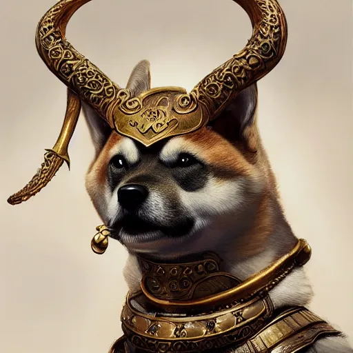 Prompt: detailed photorealistic painting of shiba inu wearing a highly detailed ornamented bronze viking helmet with two horns on head, sharp focus in the style of ruan jia, Mandy jurgens, cinematic light, concept art, trending on artstation, ultra realistic