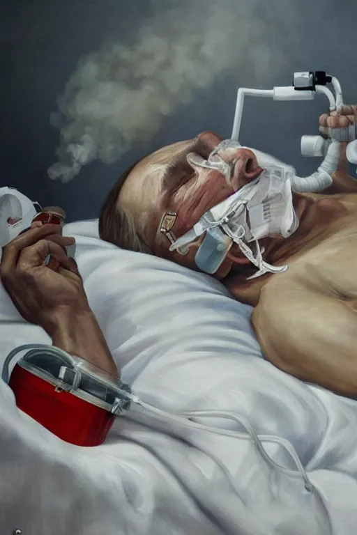 Prompt: a very hyperrealistic oil painting of ill Vladimir Putin as a patient wearing an oxygen mask lying in bed inhaling white clubs of smoke from Copium tank that stand near his bed, visible face, distant shot, oil painting, highly detailed, hyper realistic, volumetric lighting