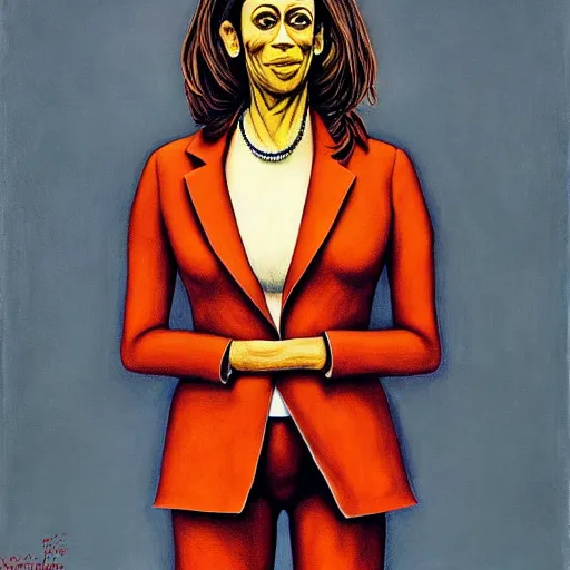 Image similar to portrait of kamala harris wearing pantsuit by otto dix, junji ito, hr ginger, jan svankmeyer, beksinski, claymation, hyperrealistic, aesthetic, masterpiece