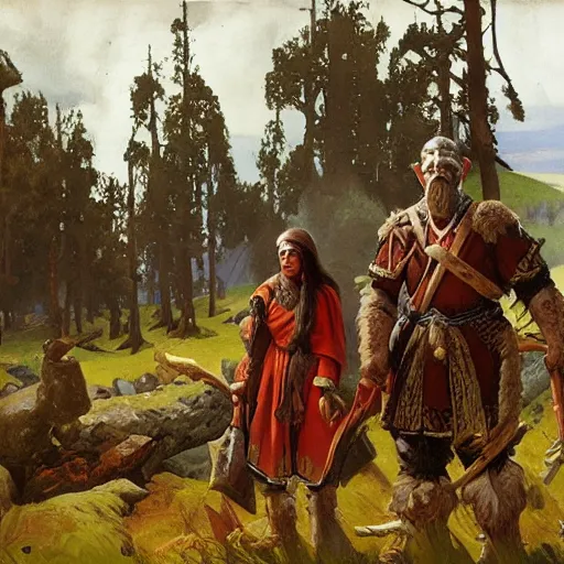 Image similar to slavic orcs stand on a hillock, woodlands, painting by viktor vasnetsov, orthodox, magic the gathering artwork, d & d, fantasy, art by nicholas roerich and greg rutkowski and craig mullins