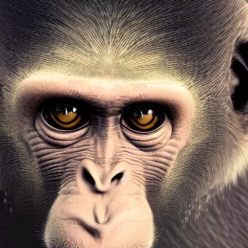 Prompt: photorealistic monkey portrait, with soft features, hes a man, but had been disfigured from experiments, scar on his chin, angry expression, lab in the background, cinematic color