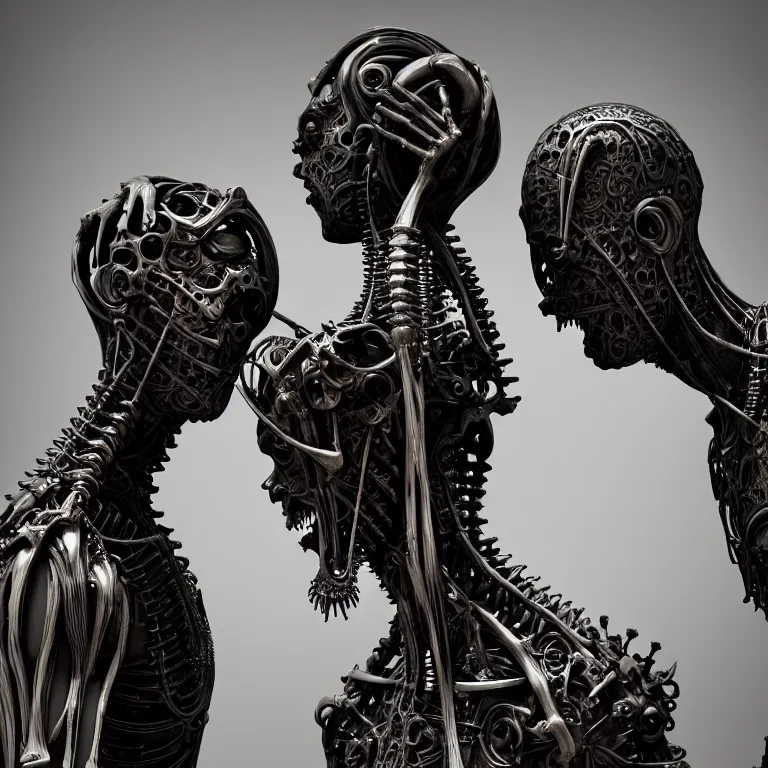 Image similar to dark biomechanical ribbed religious sculpture statue of two male cyborgs in love, in pain, suffering, baroque painting, beautiful detailed intricate insanely detailed octane render, organic 8K artistic photography, photorealistic, chiaroscuro, Raphael, Caravaggio, Giger, Beksinski, black background