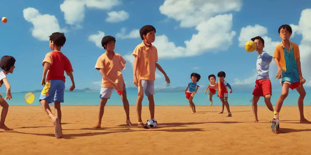 Prompt: a film still of a scene, where children playing football and badminton, a sunny and colourful beach scene in hawaii, the weather is very windy. wide shot, wes anderson, studio ghibli, pixar and disney animation, sharp, rendered in unreal engine 5, anime key art by greg rutkowski, bloom, dramatic lighting