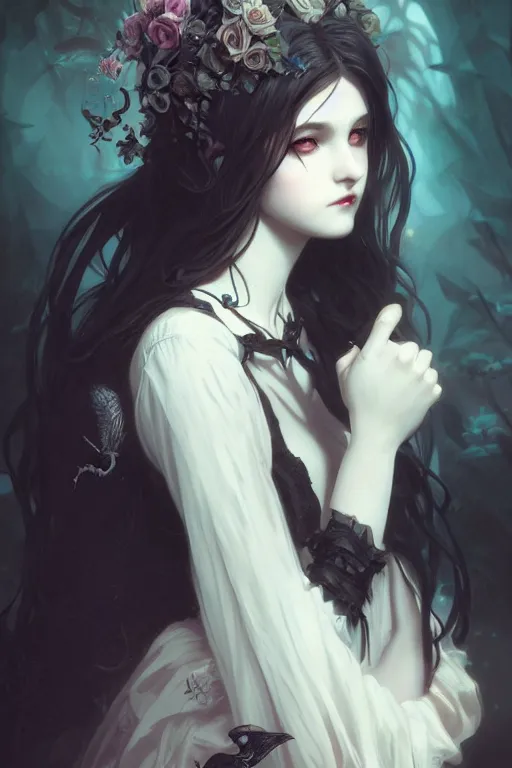 Image similar to portrait of radical lolita girl, dreamy and ethereal, dark eyes, peaceful expression, ornate goth dress, dark fantasy, chaotic, elegant, black crows flying, highly detailed, digital painting, artstation, concept art, smooth, sharp focus, illustration, art by artgerm and greg rutkowski and alphonse mucha