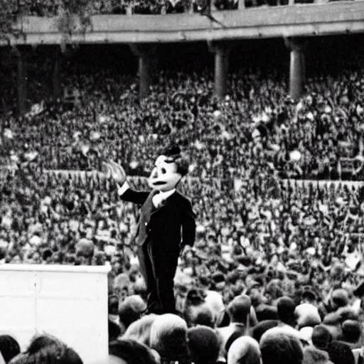 Image similar to an old black and white photo of a clown giving a rousing political speech to a huge crowd,