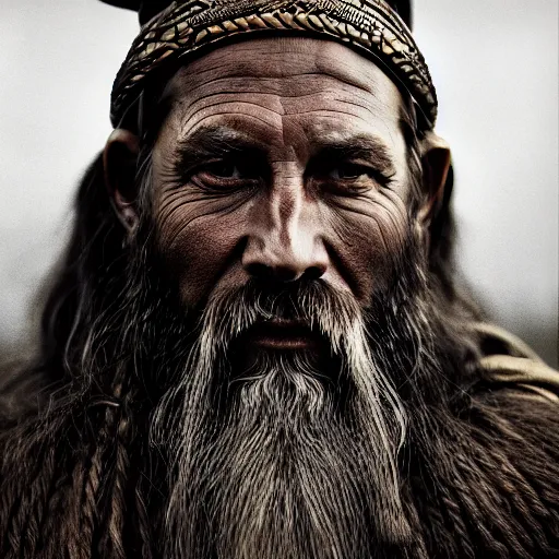 Prompt: portrait painting of bronze age viking traveller in robes, ultra realistic, concept art, intricate details, ornate, highly detailed, photorealistic, photorealism, octane render. art by annie leibovitz and ansel adams