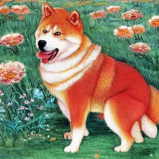 Prompt: a red akita inu wearing a kimono, in a field of flowers, painting in the style of warwick goble, highly detailed