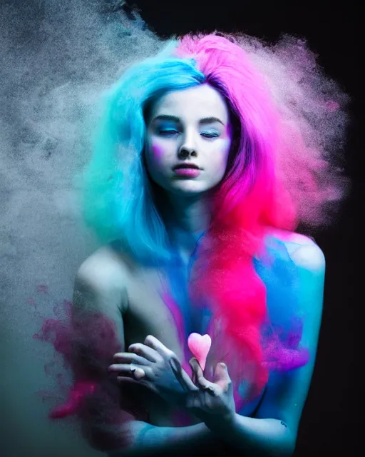 Prompt: a dramatic lighting photo of a backlight beautiful young woman with cotton candy hair. paint splashes. with a little bit of cyan and pink