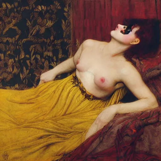 Prompt: reclining on bed, hybrid of judy garland and a hybrid of lady gaga and tom hanks, aged 2 5, brown fringe, large full lips, wide shot, yellow ochre ornate medieval dress, john william waterhouse, kilian eng, rosetti, john everett millais, william holman hunt, william morris, 4 k