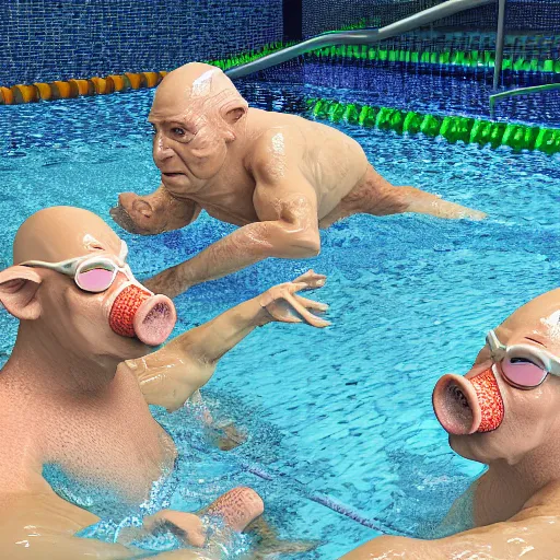 Image similar to photo, two old men fight pig mutants 5 3 1 2 7 inside a swimming pool, highly detailed, scary, volumetric lighting, front view