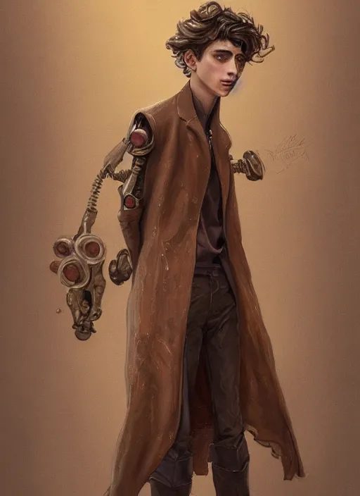 Prompt: a highly detailed illustration of timothee chalamet wearing brown coat and face mask, extra mechanical arms on his back, dramatic hands in pocket standing pose, intricate, elegant, highly detailed, centered, digital painting, artstation, concept art, smooth, sharp focus, league of legends concept art, WLOP