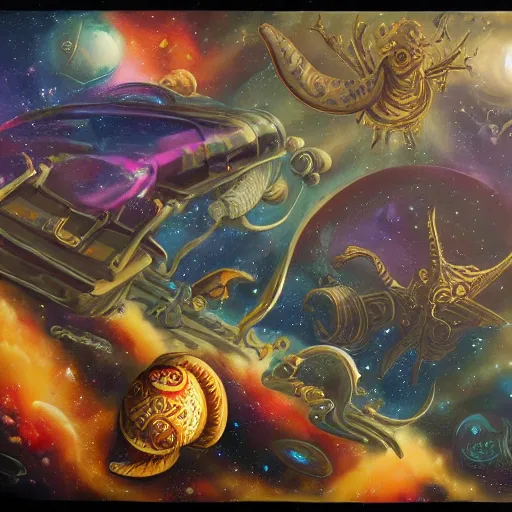 Prompt: painting of ornate space ship, nebulae background, nautilus, shell, space jammers, d & d, dust, sun, 4 0 k warhammer, shrimp, prawn