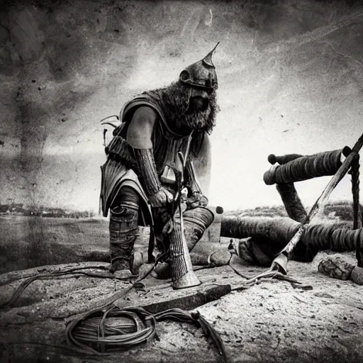 Image similar to wise angle photo of viking in armor working on the mechanical ancient device, tools and junk on the ground,wires and lights, old village in the distance, vintage old photo, black and white, sepia