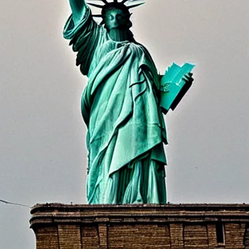 Image similar to a photo of the statue of liberty made completely out of recycled materials