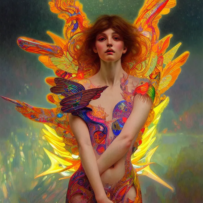 Prompt: bright psychedelic portrait of organic cyborg holding wings, diffuse lighting, fantasy, intricate, elegant, highly detailed, lifelike, photorealistic, digital painting, artstation, illustration, concept art, smooth, sharp focus, art by John Collier and Albert Aublet and Krenz Cushart and Artem Demura and Alphonse Mucha