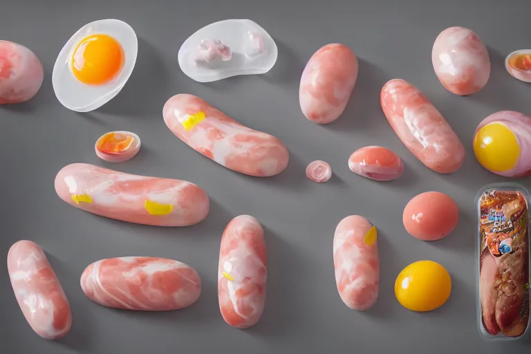 Prompt: beautiful transparent and translucent meaty pastel hotdogs, ice cream cones, eggs made of raw meat and marbled stone, levitating colorful plastic vending machine toys, clouds of vivid horse-hair wigs, plasticized spiral flames, Rembrandt, baroque, chiaroscuro, 8K photorealistic, Studio lighting, Low key lights