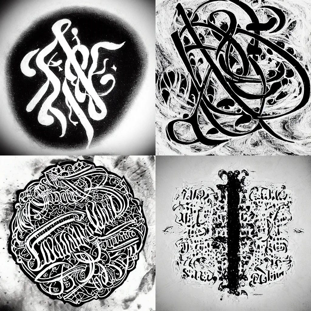 Prompt: “Gothic calligraphy art, black and white, marker, noise, In the void, Behance, macro”