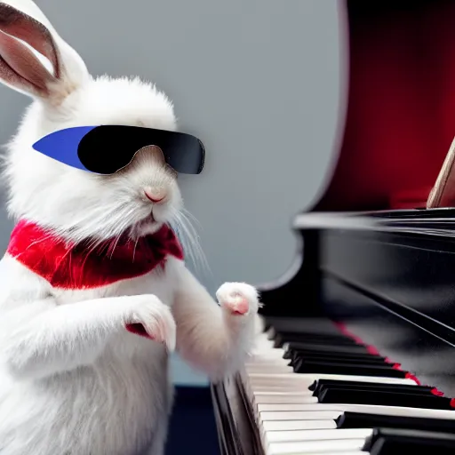 Prompt: a blind rabbit with sunglasses and a costume of captain america plays the piano in the style of ray charles. award winning photography, 5 0 mm.